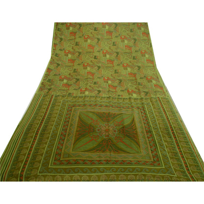 Sanskriti Vintage Sarees Green Indian Printed 100% Pure Silk Sari Craft Sustainable Fabric