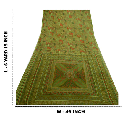 Sanskriti Vintage Sarees Green Indian Printed 100% Pure Silk Sari Craft Sustainable Fabric