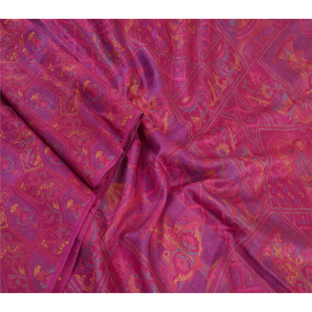 Sanskriti Vintage Sarees Purple Kantha Print Women Pure Silk Sari Craft Fabric