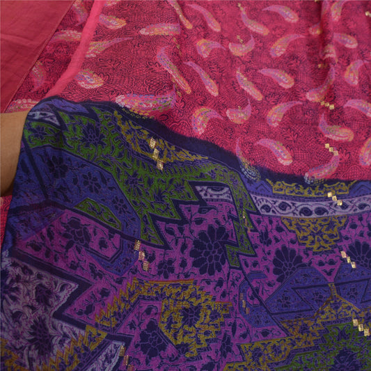 Sanskriti Vintage Sarees Pink & Blue Pure Silk Printed Woven Sari Craft Sustainable Fabric