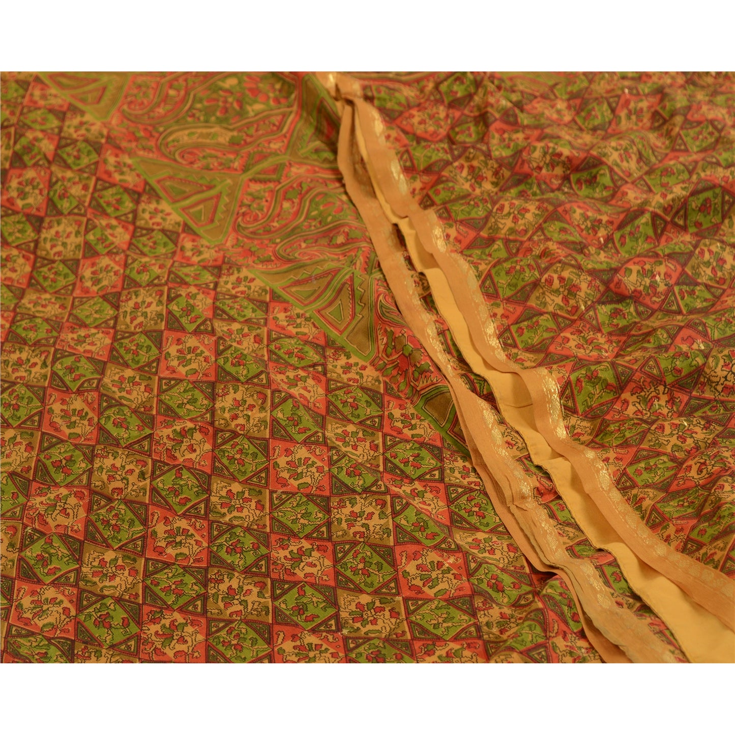 Sanskriti Vintage Sarees Indian Saffron Pure Silk Print Woven Sari Craft Sustainable Fabric