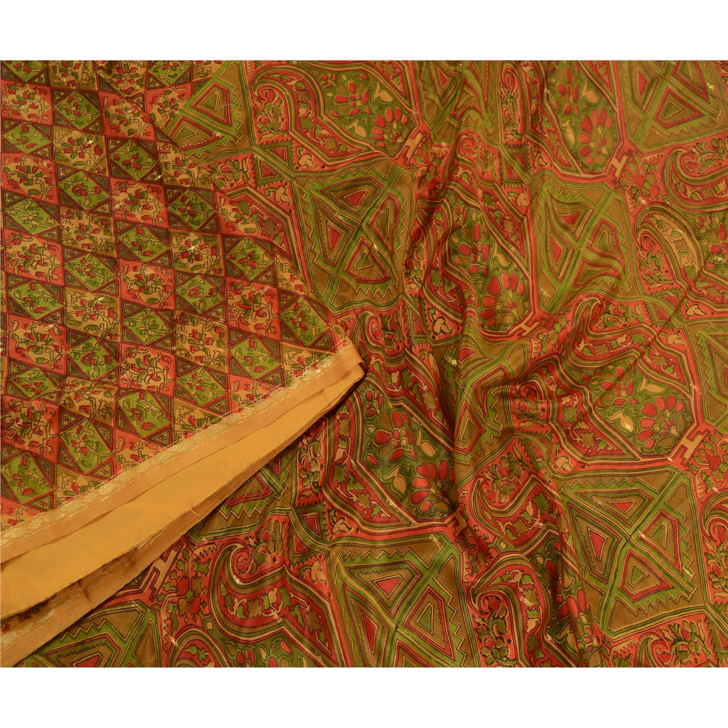 Sanskriti Vintage Sarees Indian Saffron Pure Silk Print Woven Sari Craft Sustainable Fabric