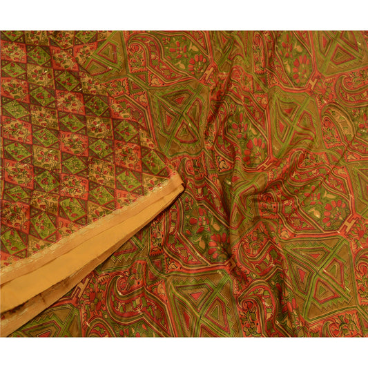 Sanskriti Vintage Sarees Indian Saffron Pure Silk Print Woven Sari Craft Sustainable Fabric
