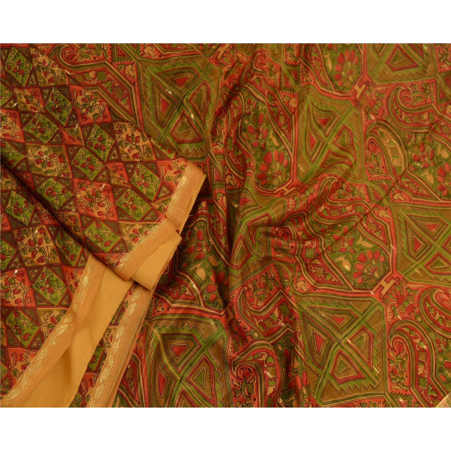 Sanskriti Vintage Sarees Indian Saffron Pure Silk Print Woven Sari Craft Sustainable Fabric