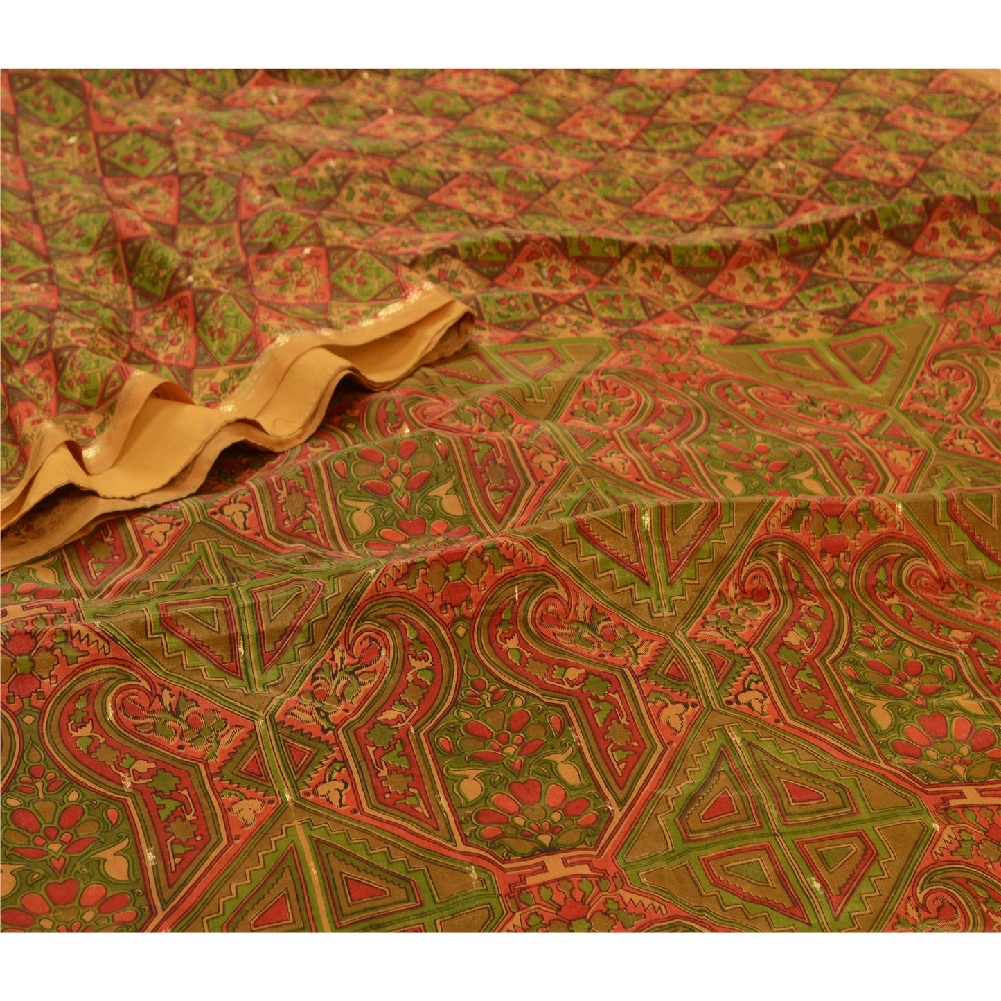 Sanskriti Vintage Sarees Indian Saffron Pure Silk Print Woven Sari Craft Sustainable Fabric
