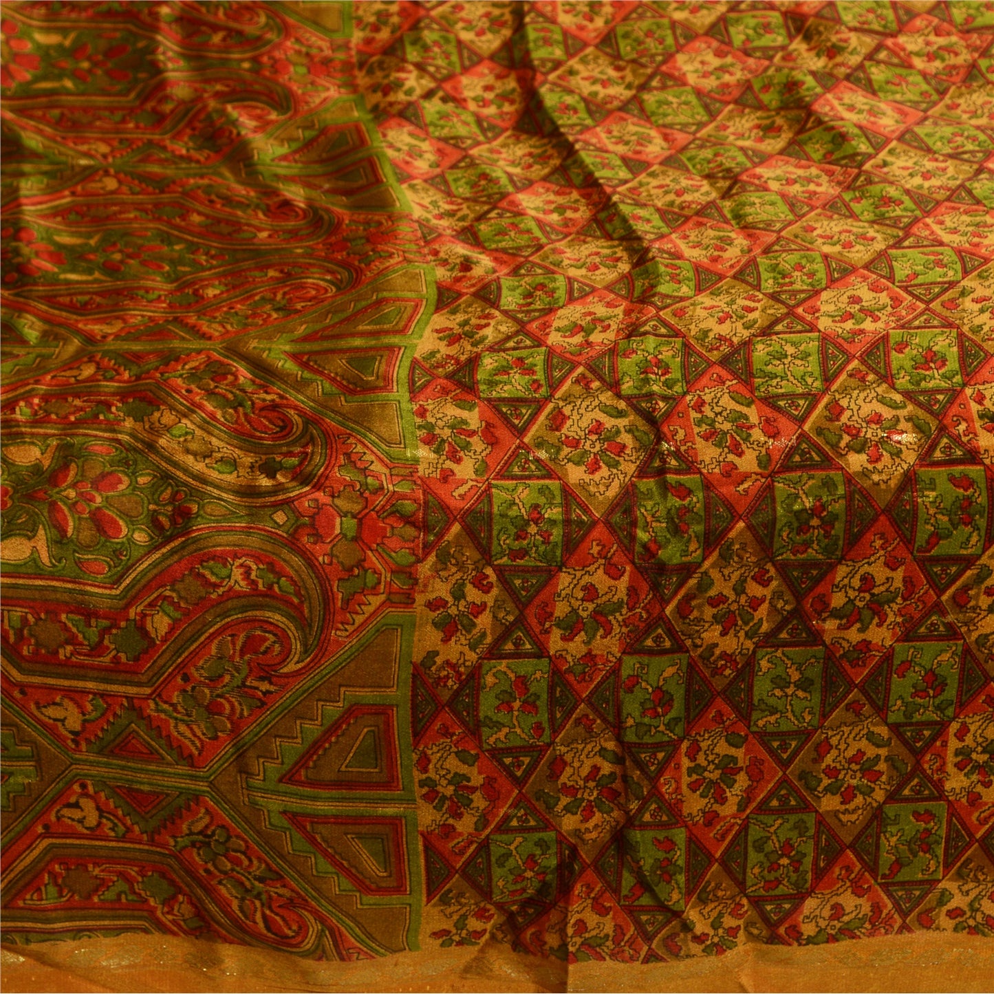 Sanskriti Vintage Sarees Indian Saffron Pure Silk Print Woven Sari Craft Sustainable Fabric