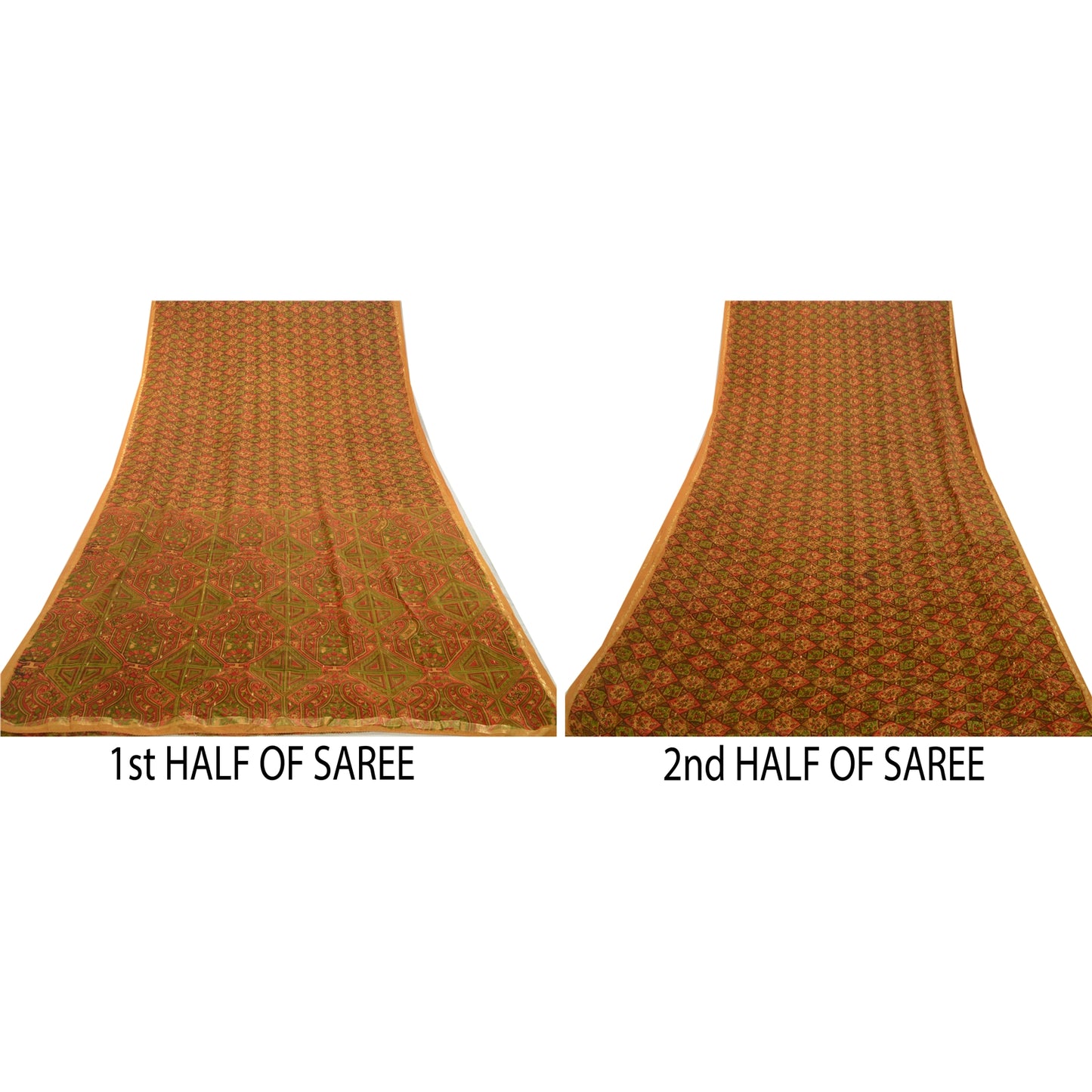 Sanskriti Vintage Sarees Indian Saffron Pure Silk Print Woven Sari Craft Sustainable Fabric