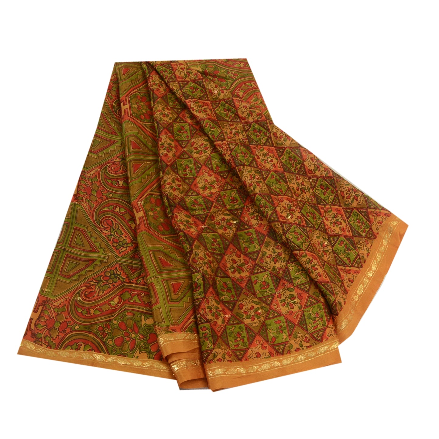 Sanskriti Vintage Sarees Indian Saffron Pure Silk Print Woven Sari Craft Sustainable Fabric