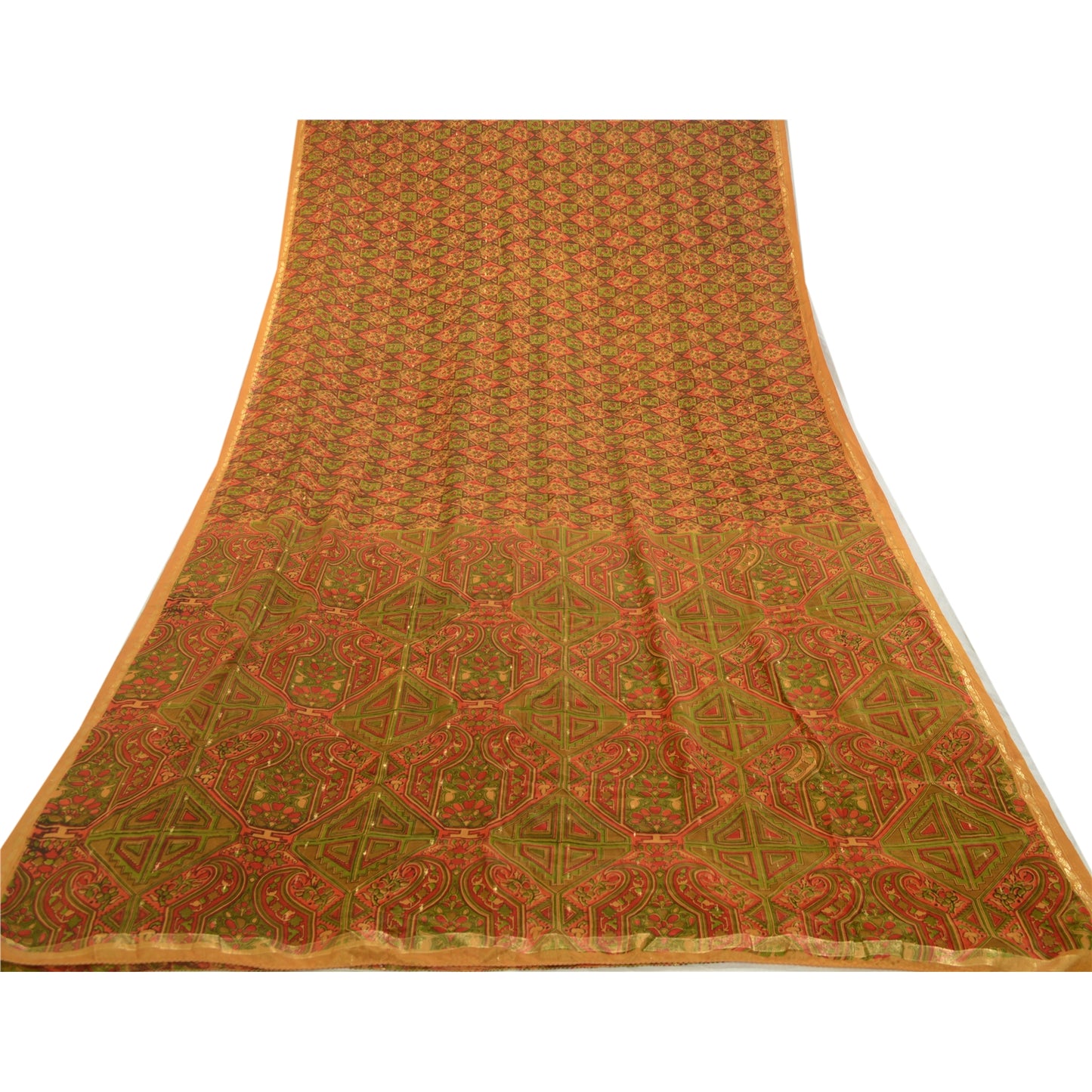 Sanskriti Vintage Sarees Indian Saffron Pure Silk Print Woven Sari Craft Sustainable Fabric
