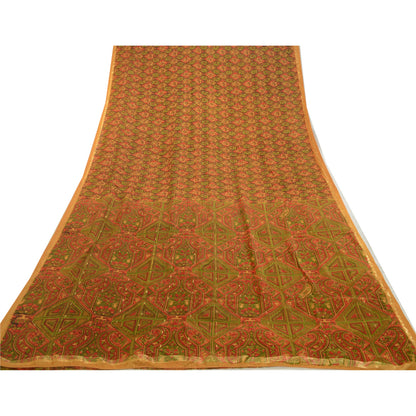 Sanskriti Vintage Sarees Indian Saffron Pure Silk Print Woven Sari Craft Sustainable Fabric
