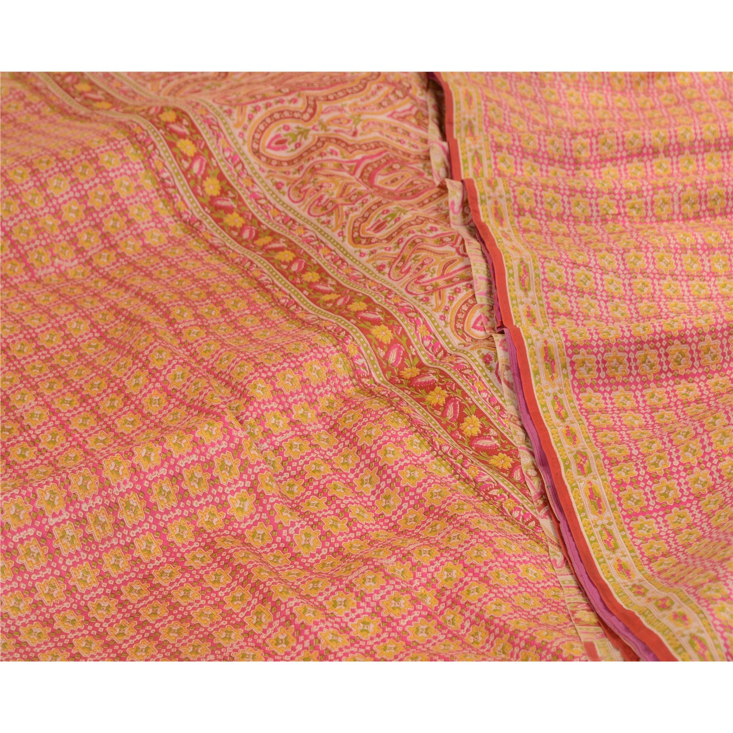 Санскрити Винтажные сари розовые 100% чистый шелк напечатанный сари цветочный ремесло устойчивая ткань