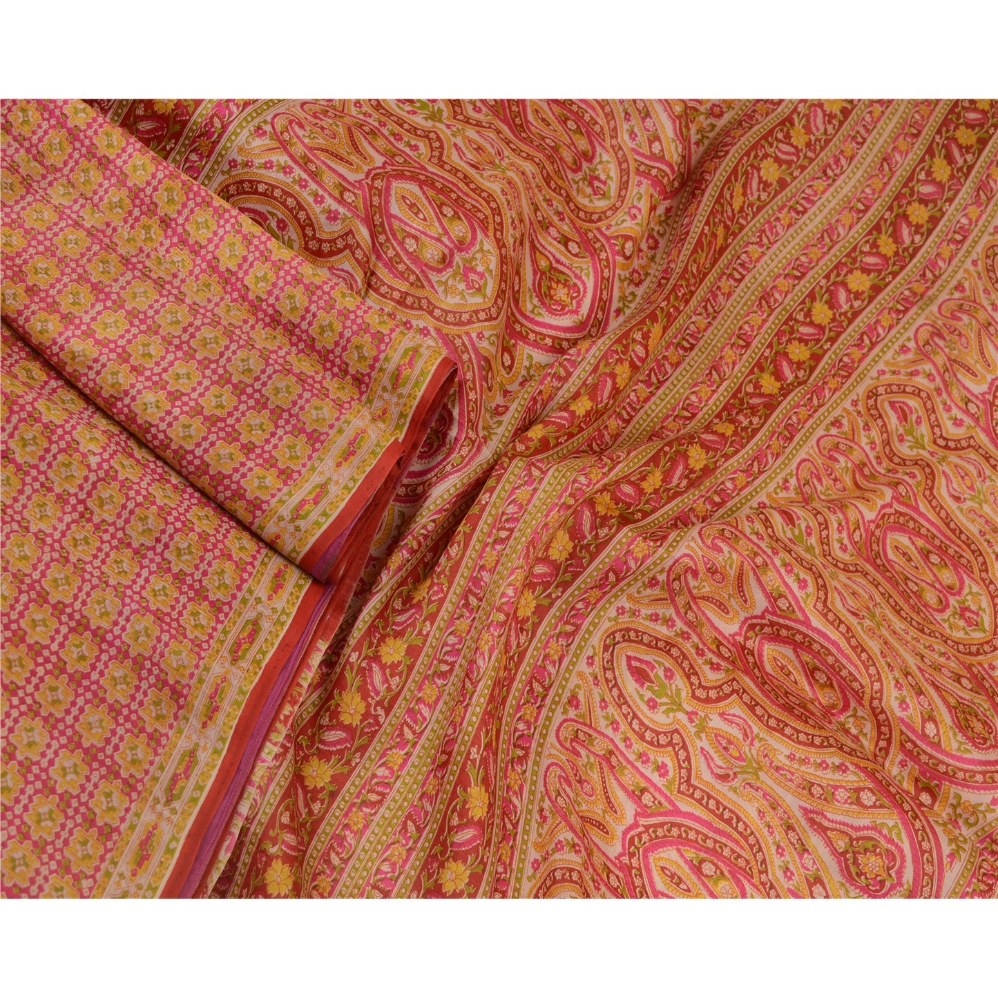 Санскрити Винтажные сари розовые 100% чистый шелк напечатанный сари цветочный ремесло устойчивая ткань