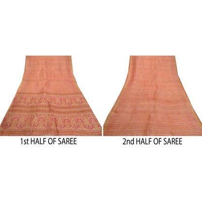 Санскрити Винтажные сари розовые 100% чистый шелк напечатанный сари цветочный ремесло устойчивая ткань