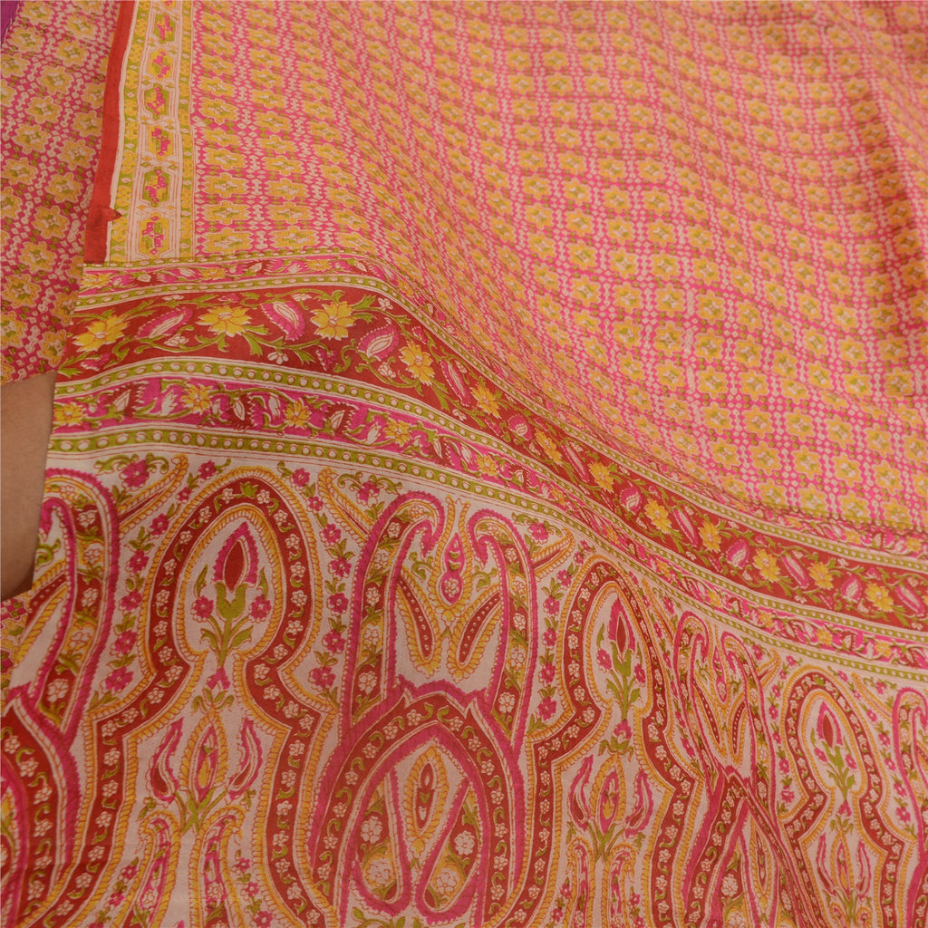 Санскрити Винтажные сари розовые 100% чистый шелк напечатанный сари цветочный ремесло устойчивая ткань