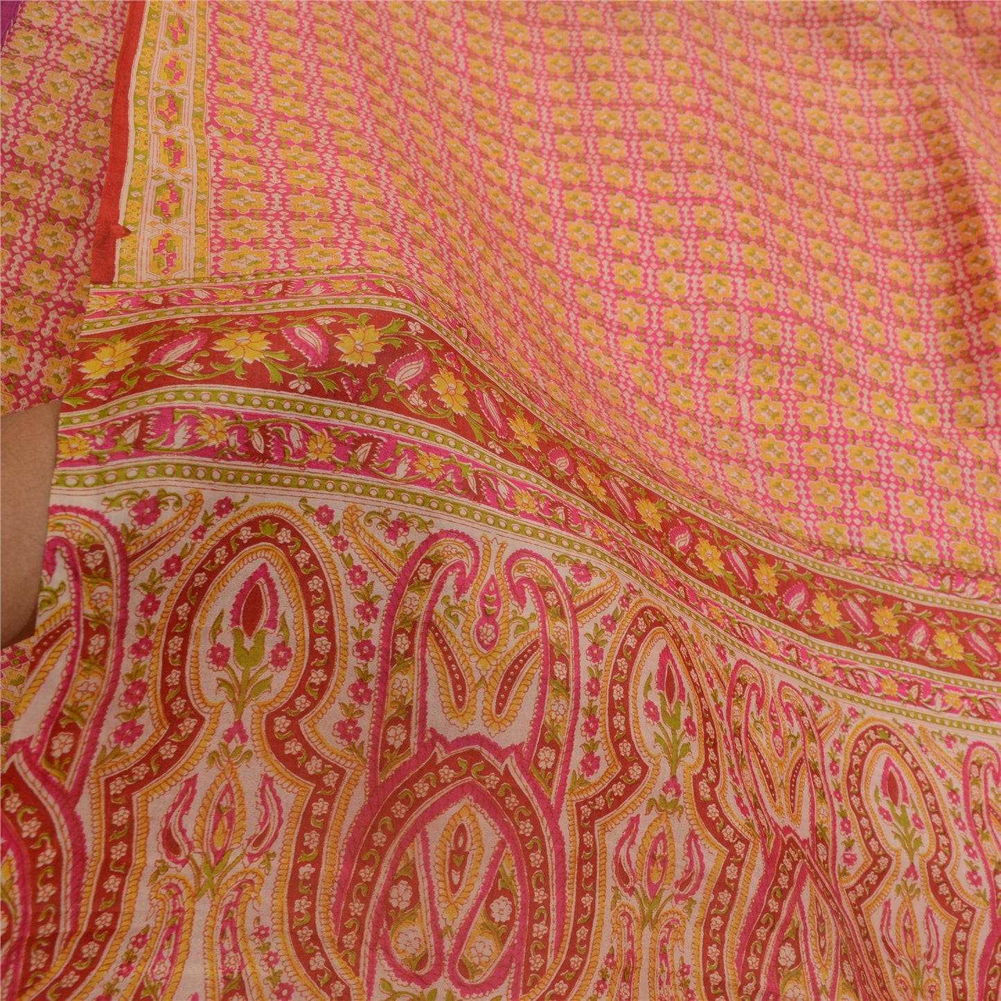 Санскрити Винтажные сари розовые 100% чистый шелк напечатанный сари цветочный ремесло устойчивая ткань