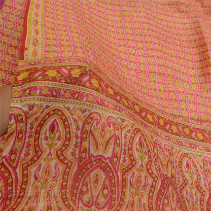 Санскрити Винтажные сари розовые 100% чистый шелк напечатанный сари цветочный ремесло устойчивая ткань