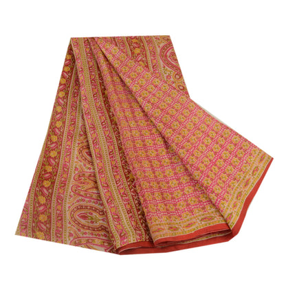 Санскрити Винтажные сари розовые 100% чистый шелк напечатанный сари цветочный ремесло устойчивая ткань