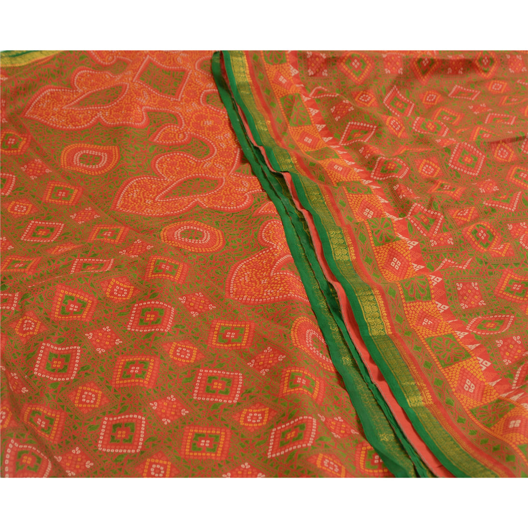Sanskriti Vintage Sarees Red Bandhani Printed 100% Pure Silk Sari Craft Fabric