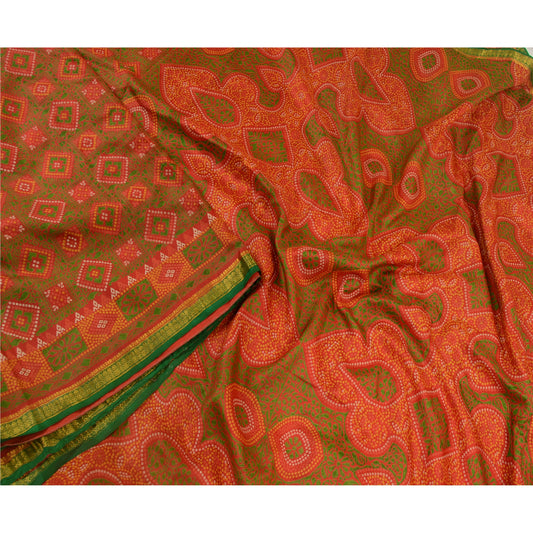 Sanskriti Vintage Sarees Red Bandhani Printed 100% Pure Silk Sari Craft Sustainable Fabric