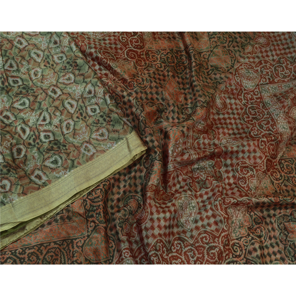Sanskriti Vintage Sarees Indian Green 100% Pure Silk Printed Sari Craft Sustainable Fabric