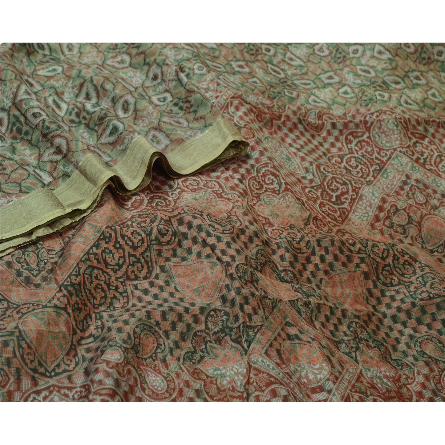 Sanskriti Vintage Sarees Indian Green 100% Pure Silk Printed Sari Craft Sustainable Fabric
