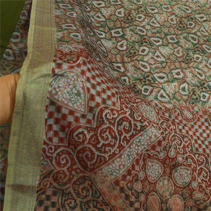 Sanskriti Vintage Sarees Indian Green 100% Pure Silk Printed Sari Craft Sustainable Fabric