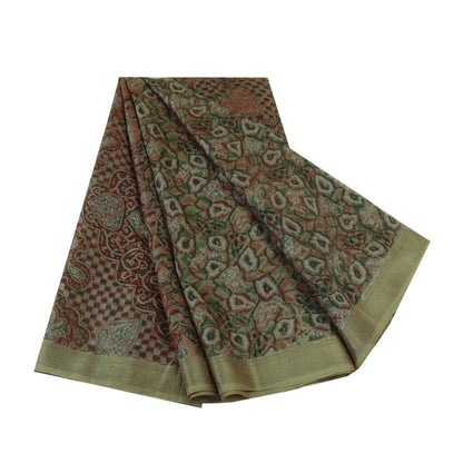 Sanskriti Vintage Sarees Indian Green 100% Pure Silk Printed Sari Craft Sustainable Fabric