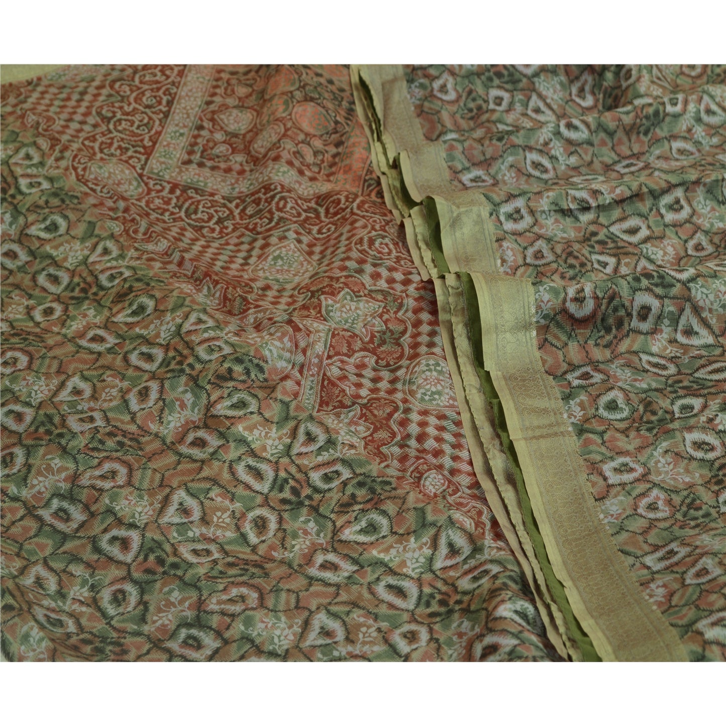 Sanskriti Vintage Sarees Indian Green 100% Pure Silk Printed Sari Craft Sustainable Fabric