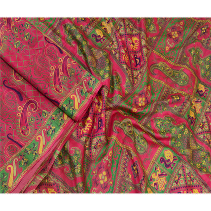 Sanskriti Vintage Sarees Quilting Felting Craft Sustainable Fabric Pink Print Pure Silk Sari
