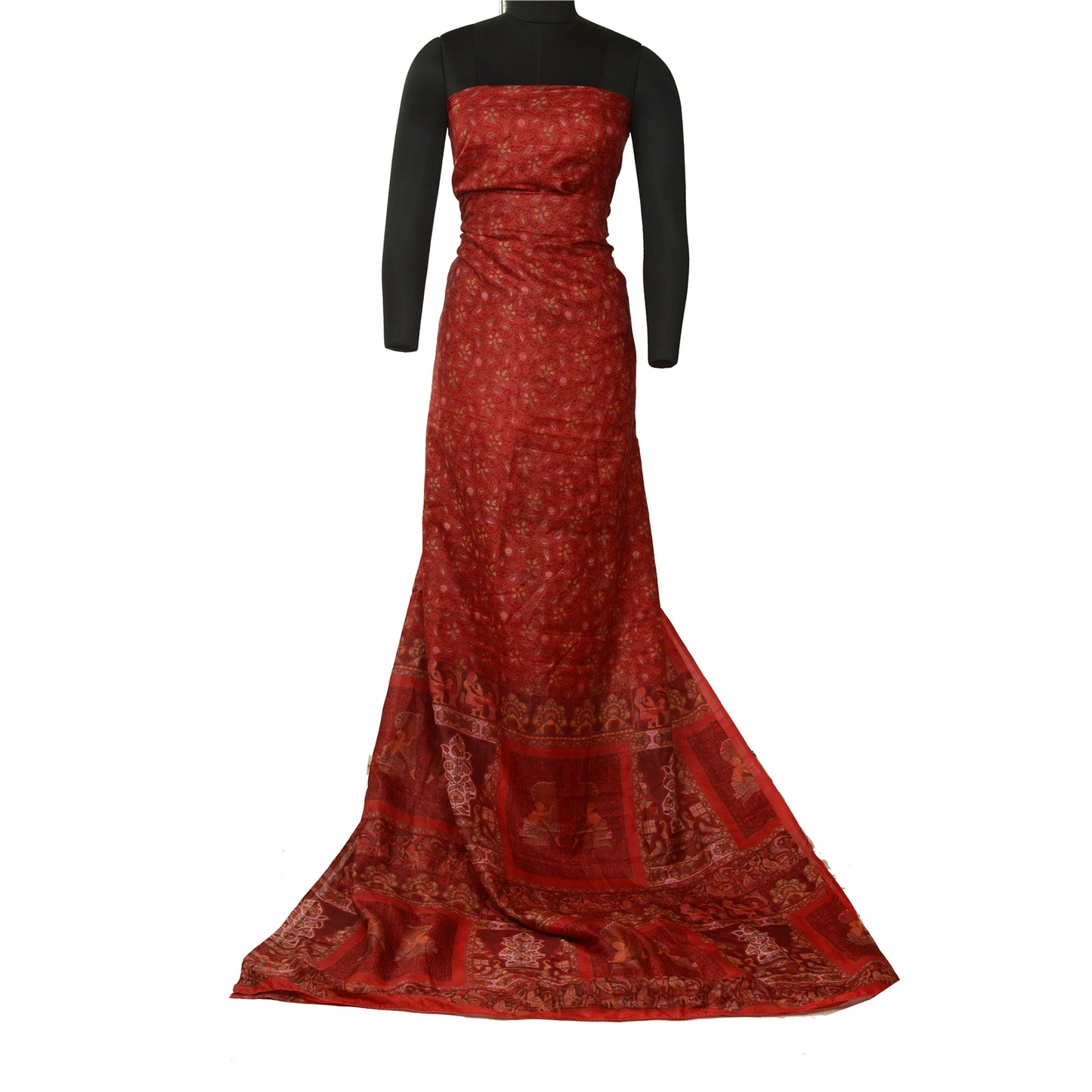 Sanskriti Vintage Sarees Scarlet Human Printed Pure Silk Sari Soft Craft Sustainable Fabric