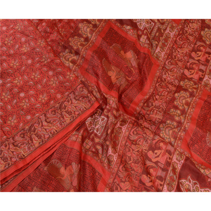 Sanskriti Vintage Sarees Scarlet Human Printed Pure Silk Sari Soft Craft Sustainable Fabric