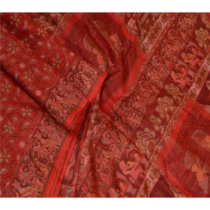 Sanskriti Vintage Sarees Scarlet Human Printed Pure Silk Sari Soft Craft Sustainable Fabric