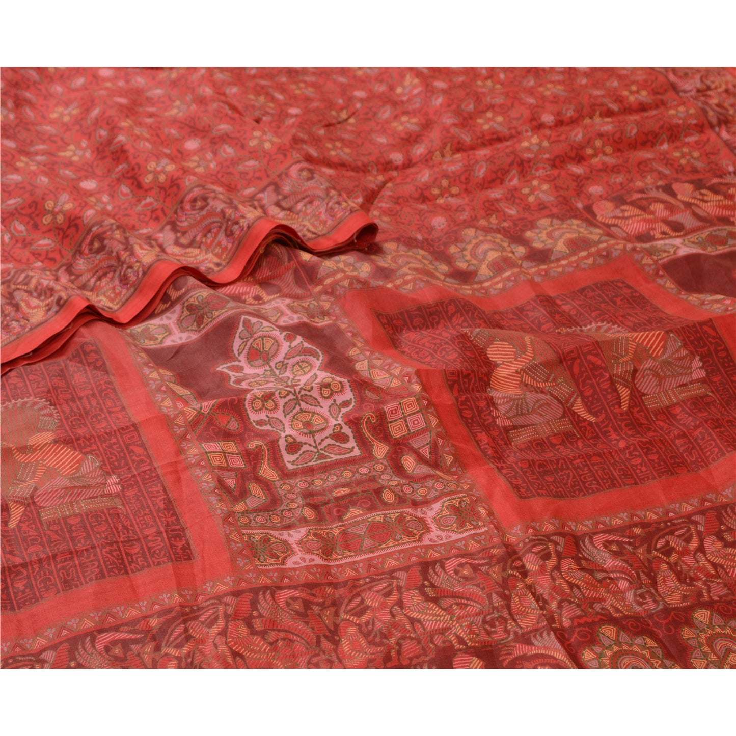 Sanskriti Vintage Sarees Scarlet Human Printed Pure Silk Sari Soft Craft Sustainable Fabric