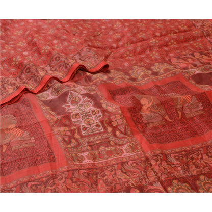 Sanskriti Vintage Sarees Scarlet Human Printed Pure Silk Sari Soft Craft Sustainable Fabric