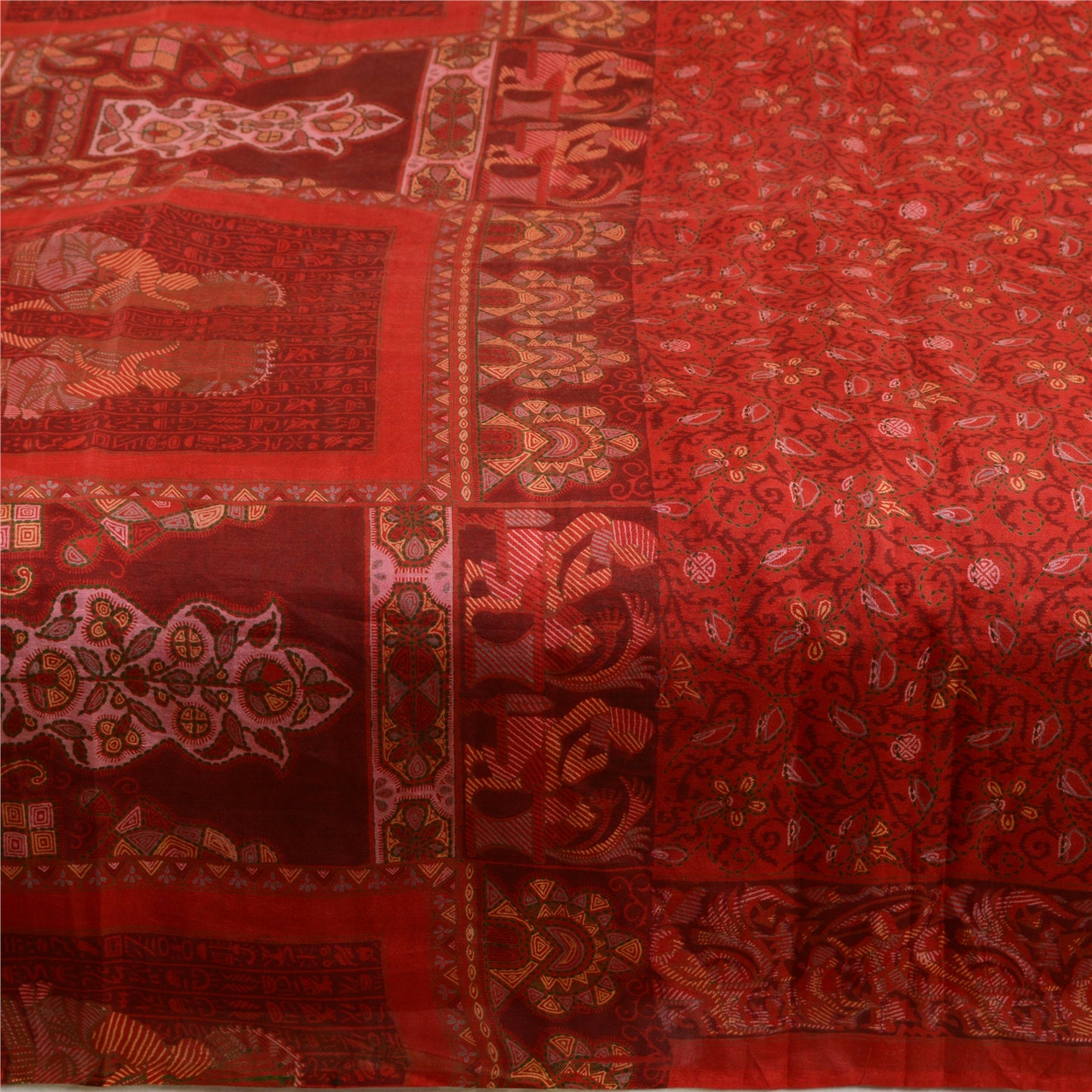 Sanskriti Vintage Sarees Scarlet Human Printed Pure Silk Sari Soft Craft Sustainable Fabric