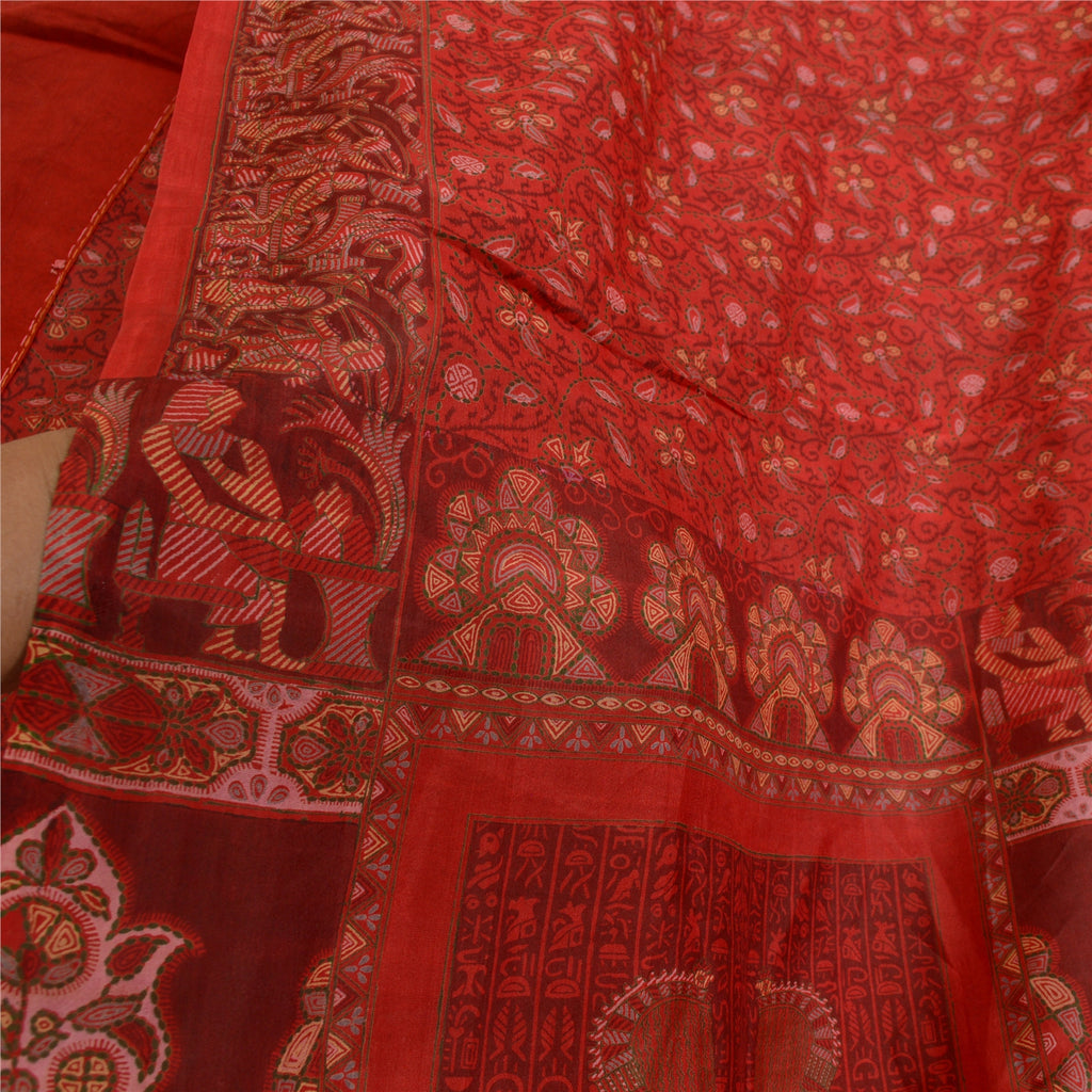 Sanskriti Vintage Sarees Scarlet Human Printed Pure Silk Sari Soft Craft Sustainable Fabric