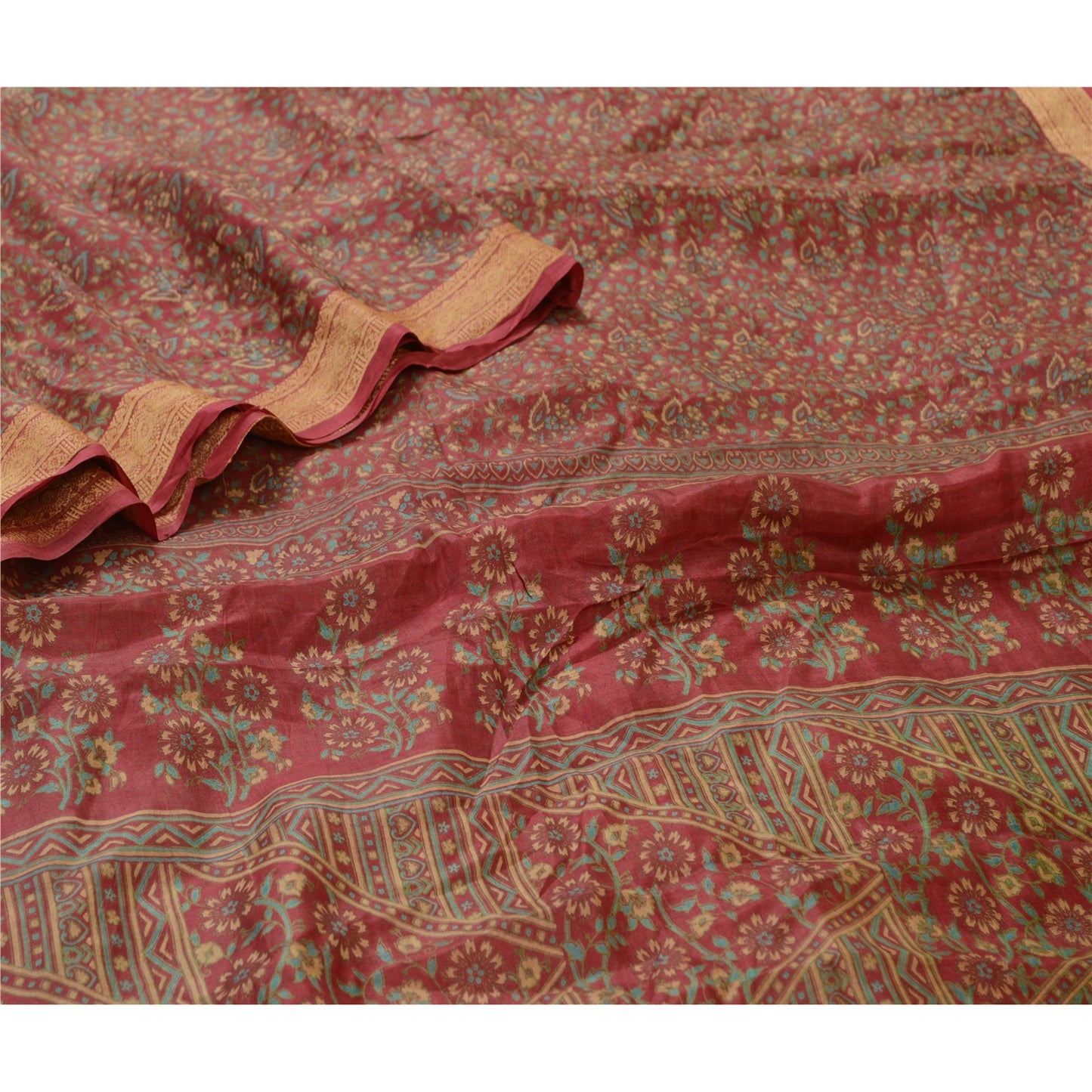 Sanskriti Vintage Sarees Indian Blush-Pink Pure Silk Printed Sari Craft Sustainable Fabric