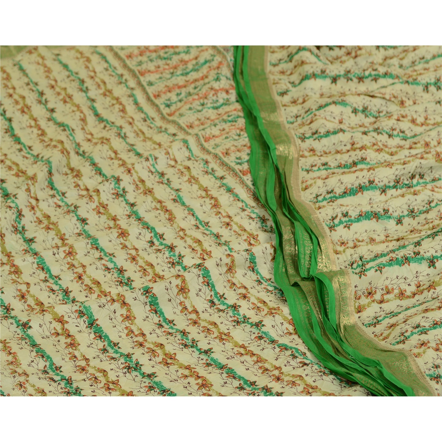 Sanskriti Vintage Sarees Ivory Zari Border Pure Silk Printed Sari Craft Sustainable Fabric