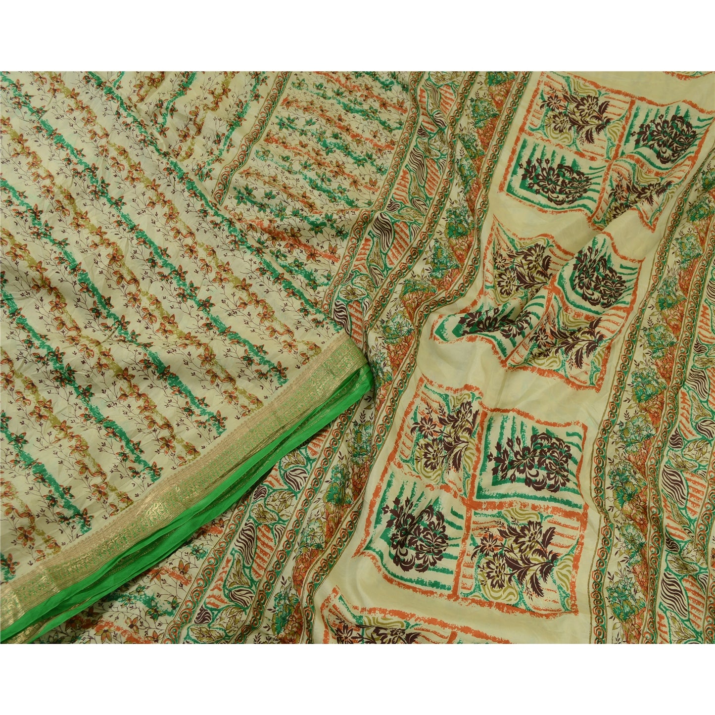 Sanskriti Vintage Sarees Ivory Zari Border Pure Silk Printed Sari Craft Sustainable Fabric
