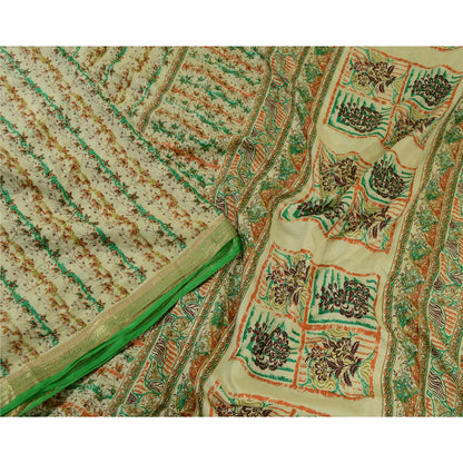 Sanskriti Vintage Sarees Ivory Zari Border Pure Silk Printed Sari Craft Sustainable Fabric