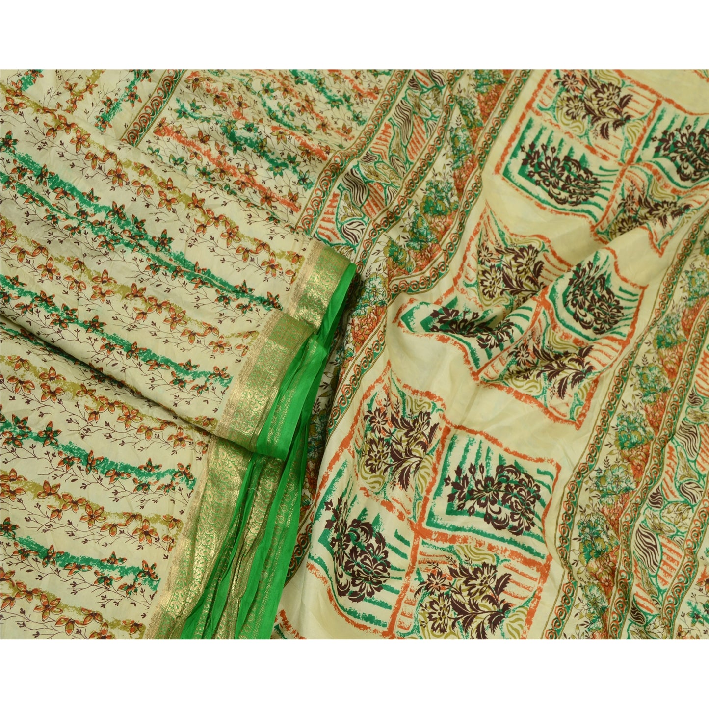 Sanskriti Vintage Sarees Ivory Zari Border Pure Silk Printed Sari Craft Sustainable Fabric