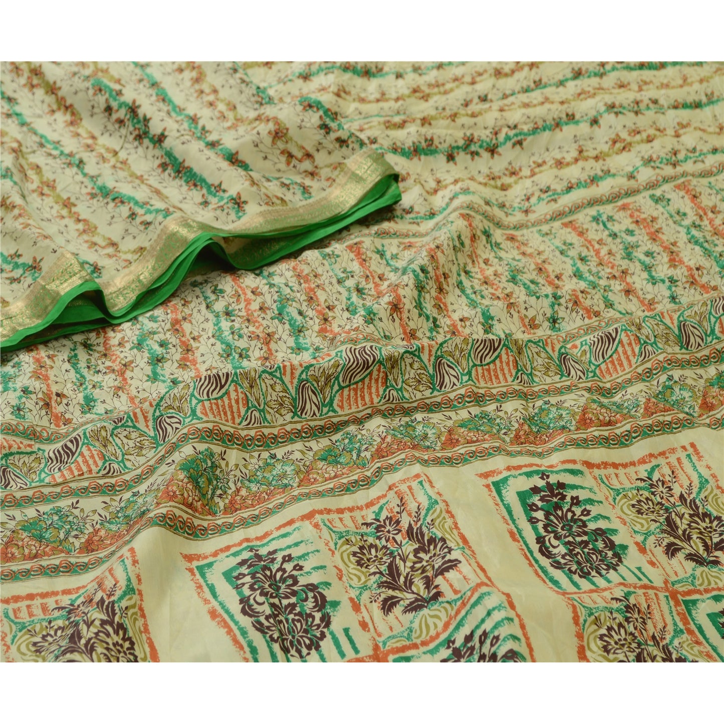 Sanskriti Vintage Sarees Ivory Zari Border Pure Silk Printed Sari Craft Sustainable Fabric