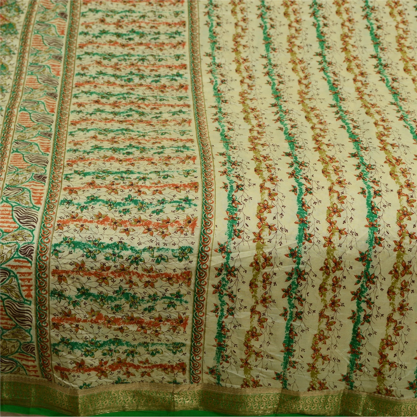 Sanskriti Vintage Sarees Ivory Zari Border Pure Silk Printed Sari Craft Sustainable Fabric