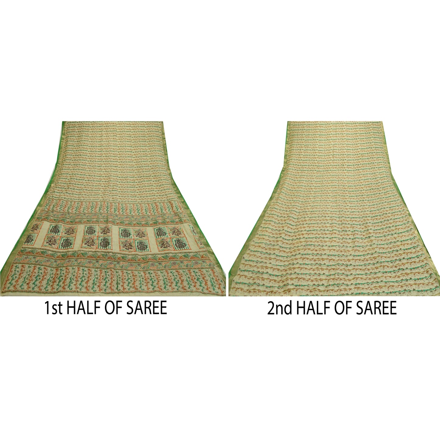 Sanskriti Vintage Sarees Ivory Zari Border Pure Silk Printed Sari Craft Sustainable Fabric