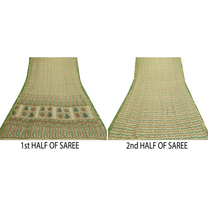 Sanskriti Vintage Sarees Ivory Zari Border Pure Silk Printed Sari Craft Sustainable Fabric