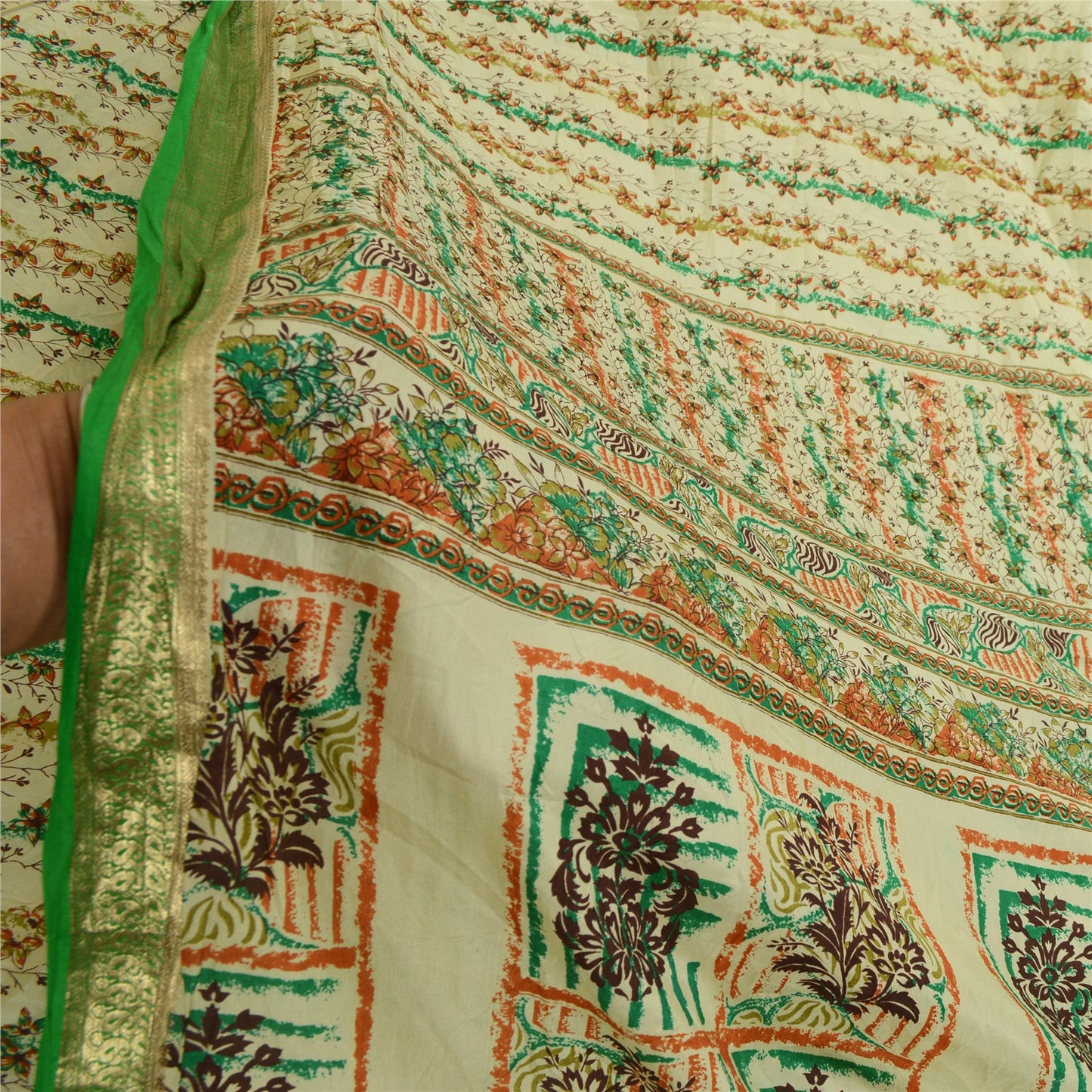 Sanskriti Vintage Sarees Ivory Zari Border Pure Silk Printed Sari Craft Sustainable Fabric