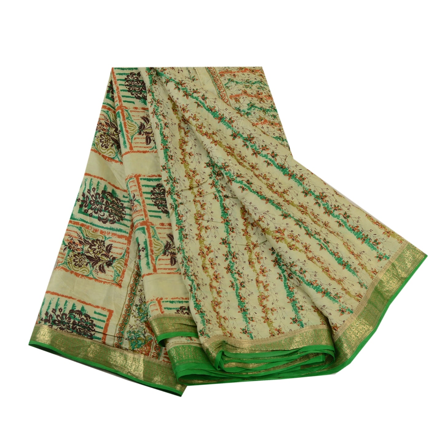 Sanskriti Vintage Sarees Ivory Zari Border Pure Silk Printed Sari Craft Sustainable Fabric