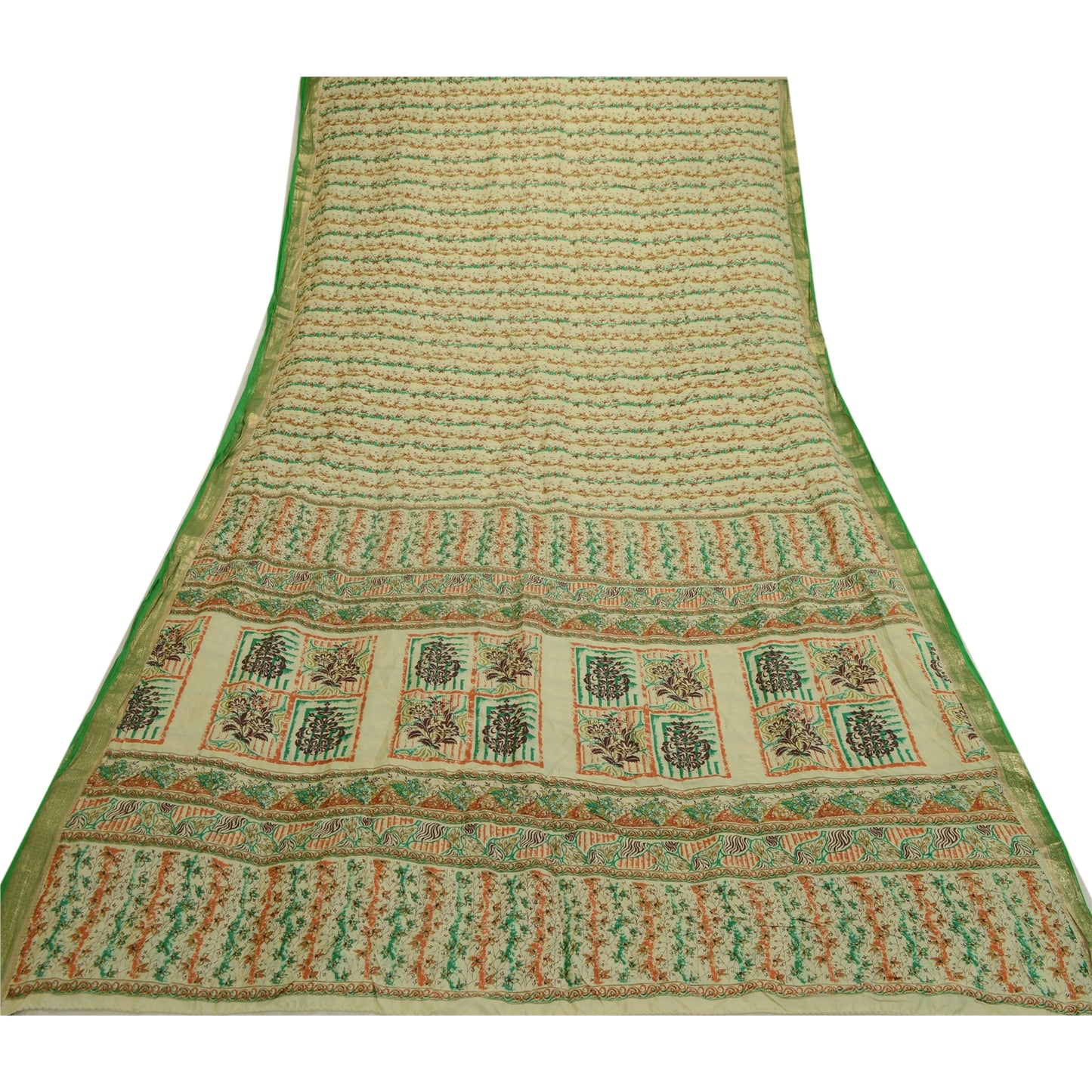Sanskriti Vintage Sarees Ivory Zari Border Pure Silk Printed Sari Craft Sustainable Fabric
