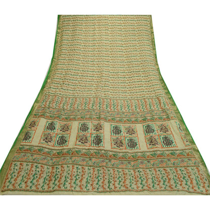 Sanskriti Vintage Sarees Ivory Zari Border Pure Silk Printed Sari Craft Sustainable Fabric