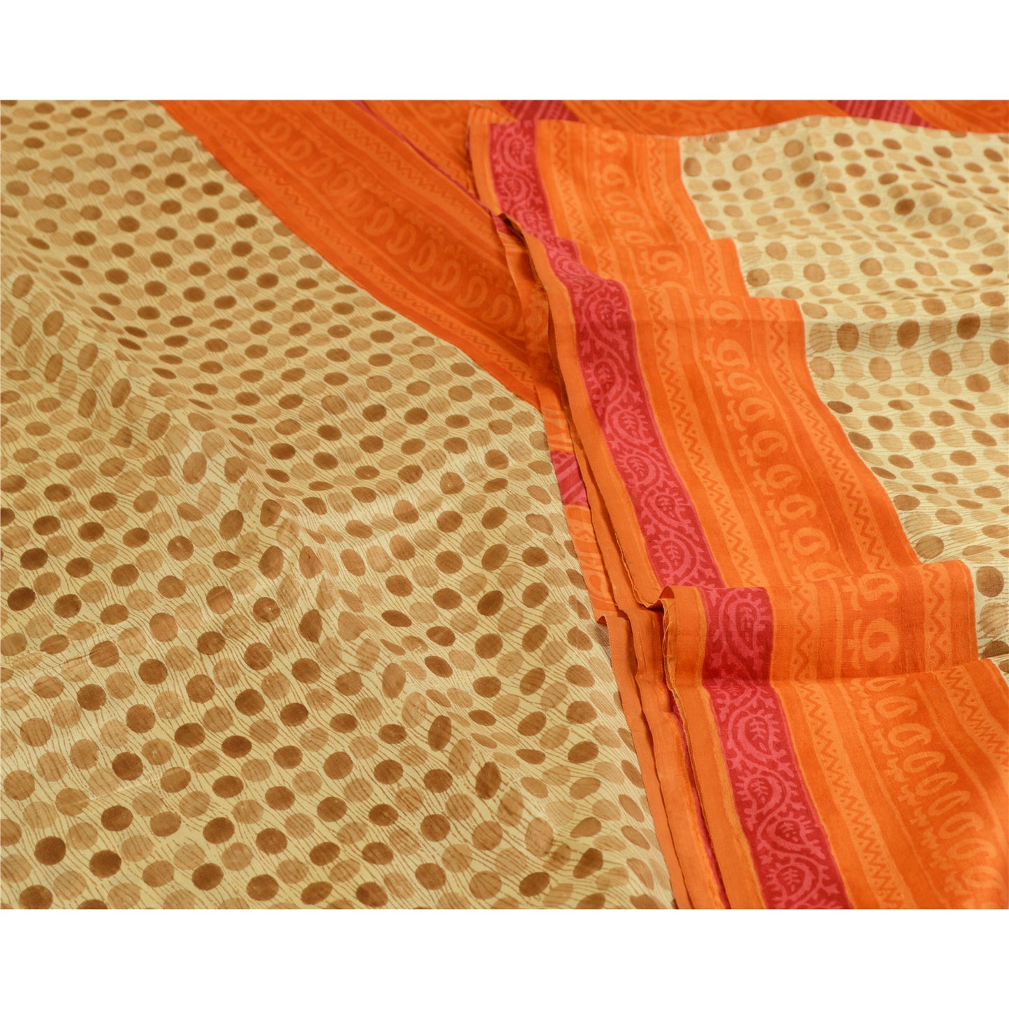 Sanskriti Vintage Sarees Cream & Orange Pure Silk Printed Sari 5yd Craft Sustainable Fabric